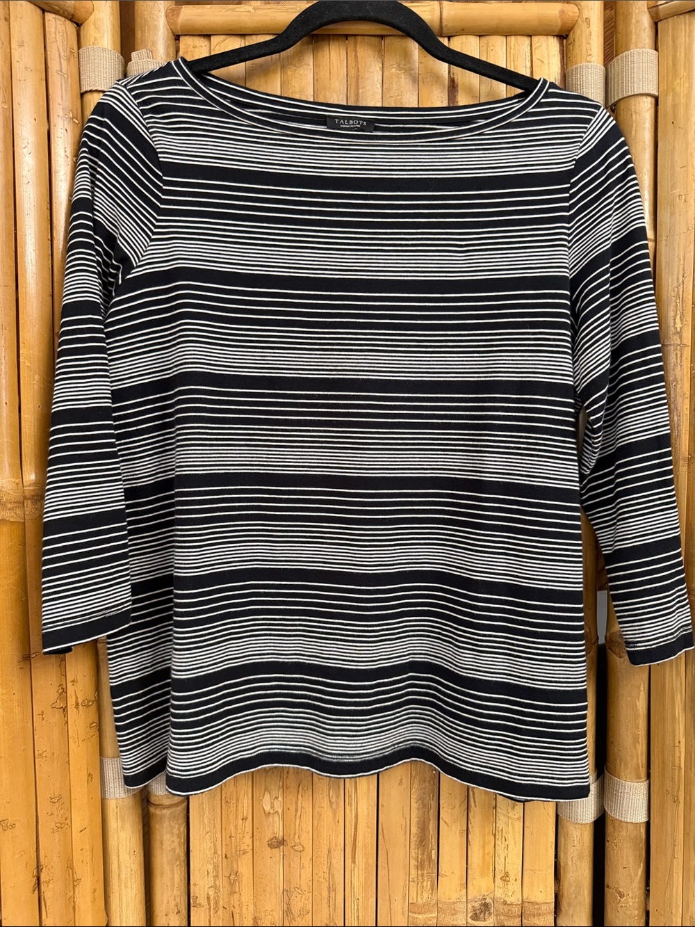 Talbots Black & White Striped Boatneck 3/4 Sleeve Top. Size XP